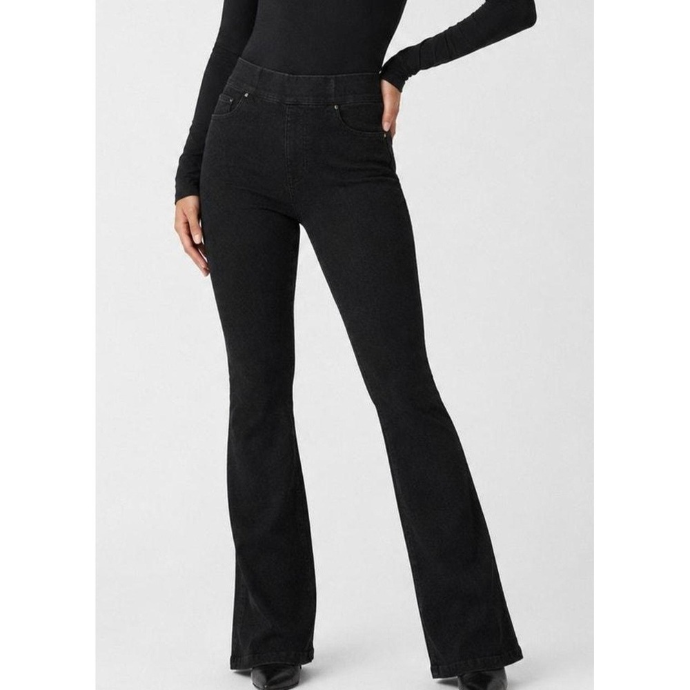 Spanx Flare Jeans Midnight Black Pull On Stretch Denim High Rise Size L